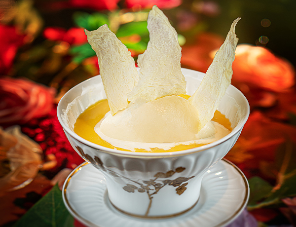 Sweetened Mango and Passion Fruit Cream with Homemade Ginger Ice Cream