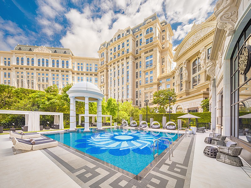 Outdoor hotel swimming pool in The Health Club at THE KARL LAGERFELD Hotel in GLP Resort Macau.